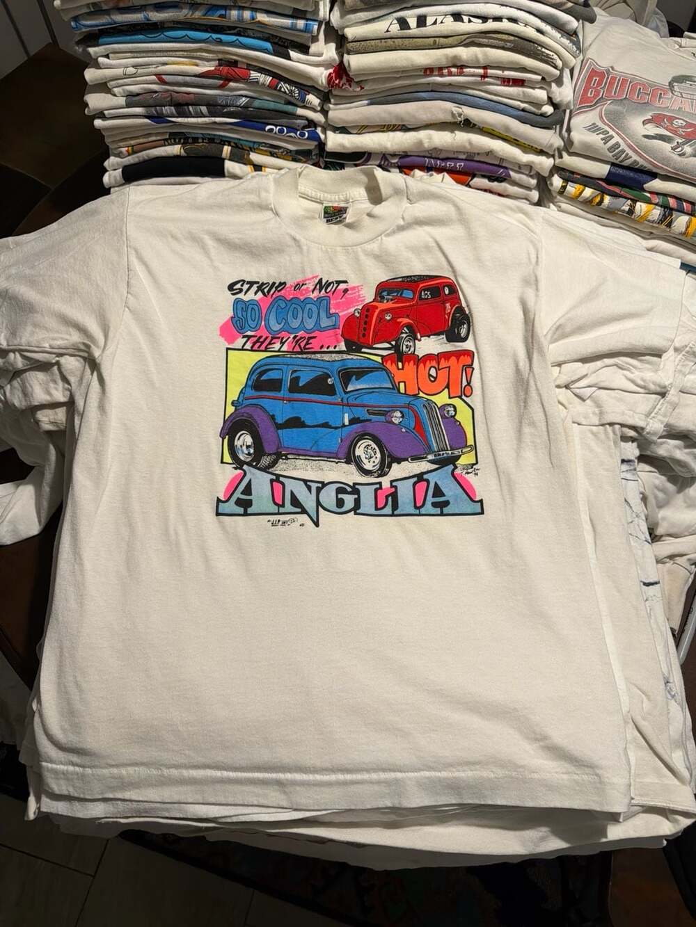 Vintage 1994 Anglia Hot Rod Strip or Not Graphic T-Shirt L